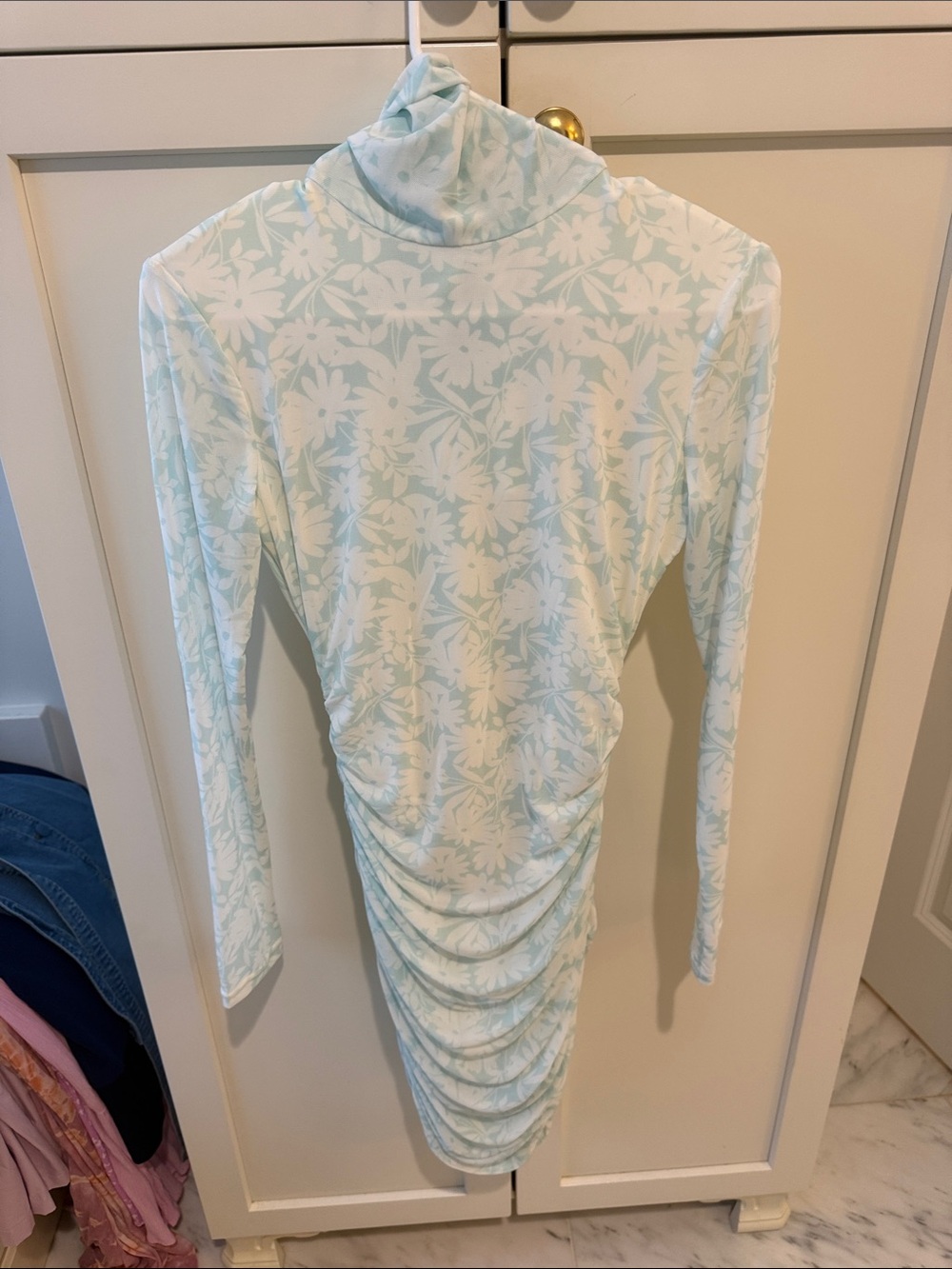 Light Blue Floral Turtleneck Ruched Long-Sleeve Dress